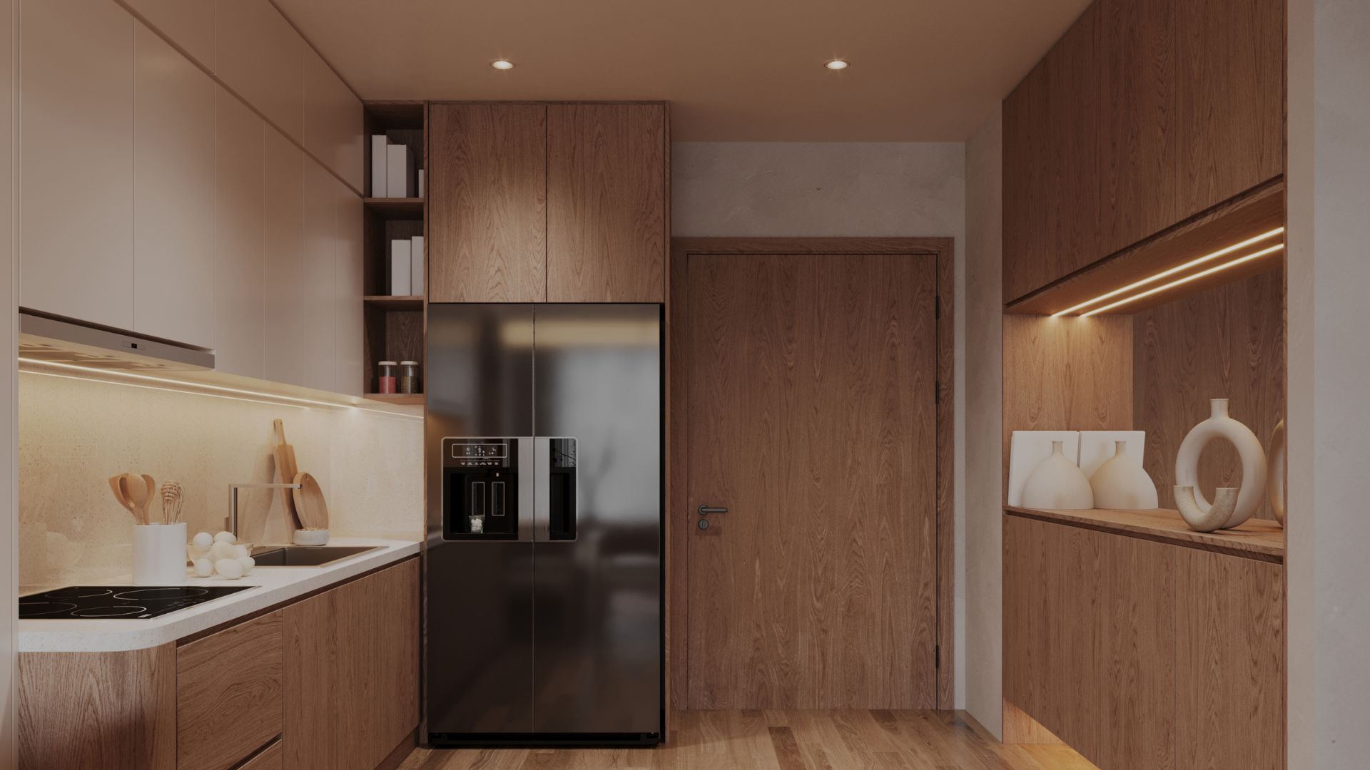Custom timber kitchen cabinetry with floor-to-ceiling cupboards and under-cabinet lighting — bespoke joinery by SK Projects & Investments Cape Town