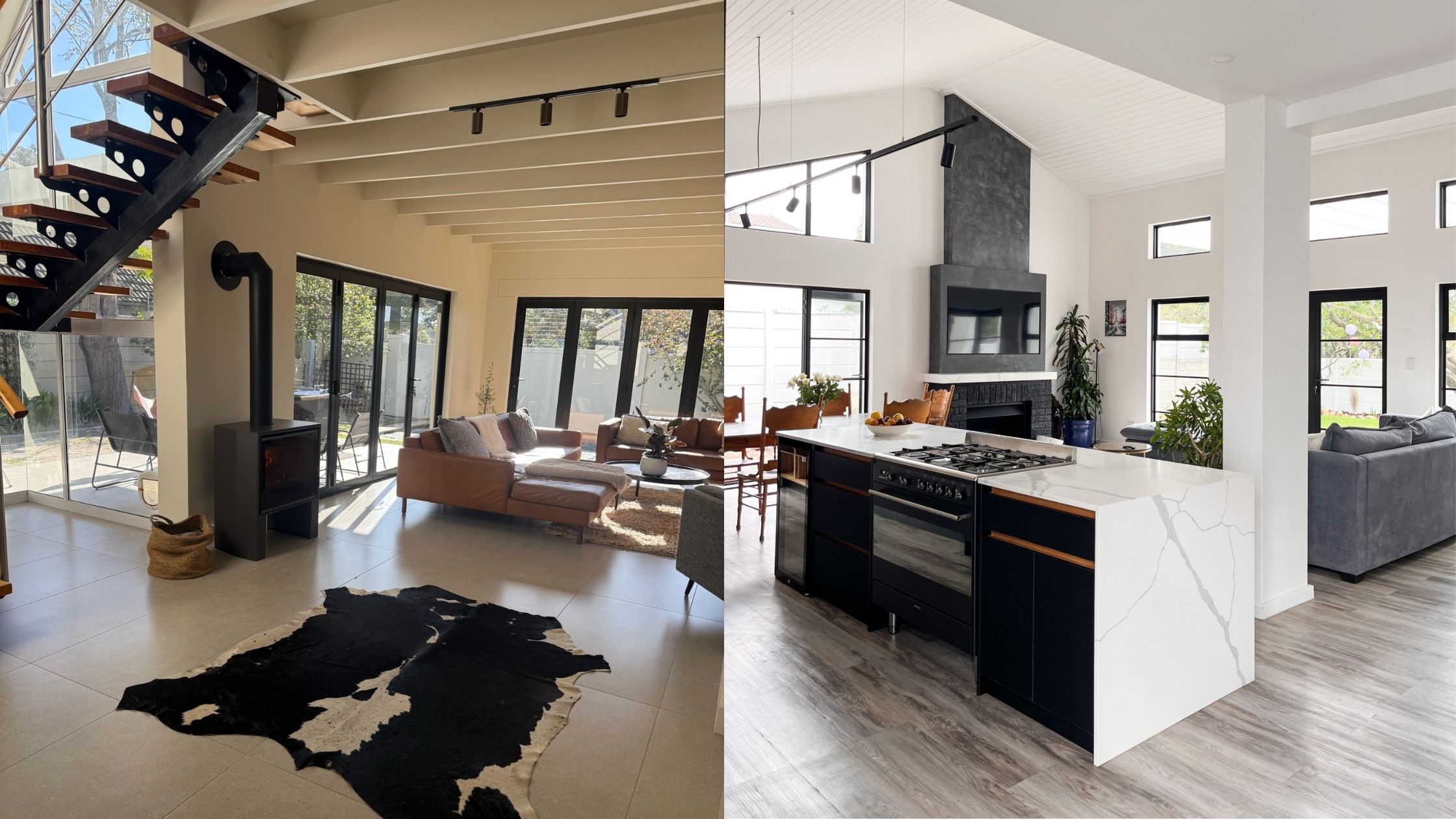 open-plan-renovation-cape-town-sk-projects Two completed open plan living renovations by SK Projects and Investments in Cape Town showing connected kitchen and living areas with double-volume ceilings and large sliding doors